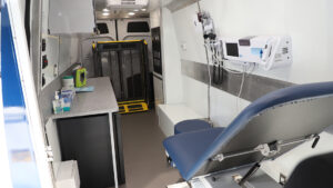 The interior of a medical van.