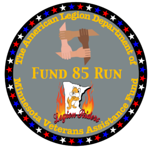 The logo features a circular design with a blue and red star-spangled border. At the top, "The American Legion Department of Minnesota" arches over clasped hands symbolizing unity; below, "FUND 85 RUN" stands prominently above a fiery fox silhouette shaped like Minnesota on "Legion Riders Veterans Assistance."